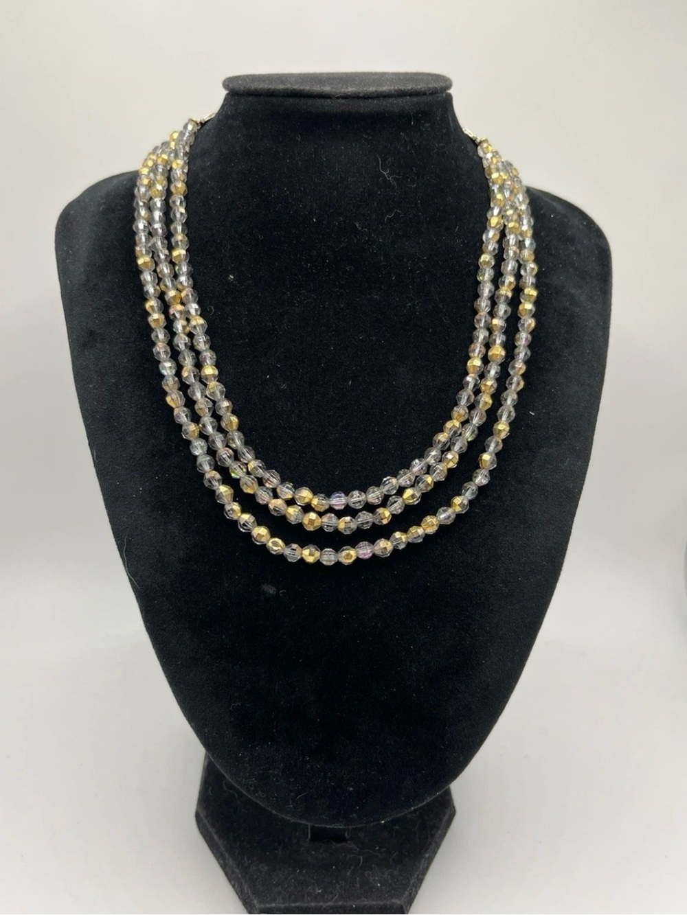 Vintage Laguna 3 strand Faceted Smokey AB Glass Beaded Necklace Gold Tone